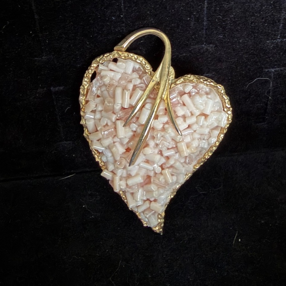 Vintage Gold Tone Beaded Heart Brooch Pendant Pink White Seed Bugle Beads 2in
